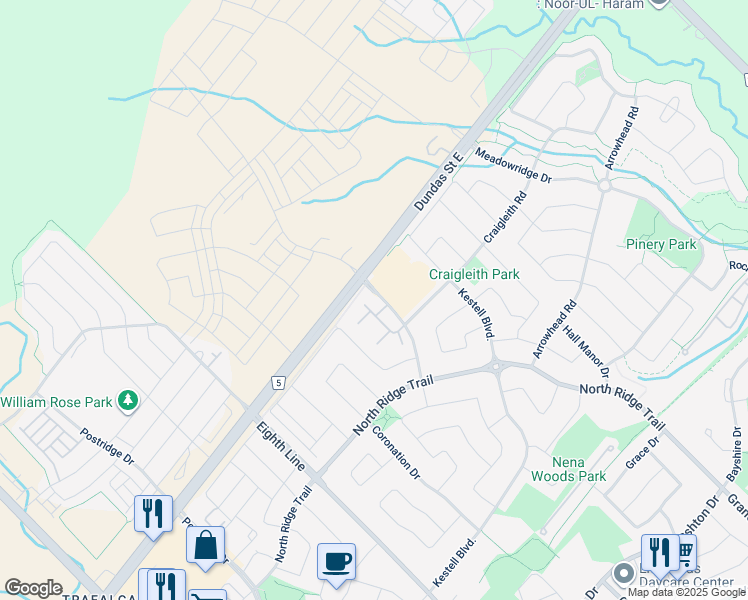map of restaurants, bars, coffee shops, grocery stores, and more near 2480 Prince Michael Drive in Oakville