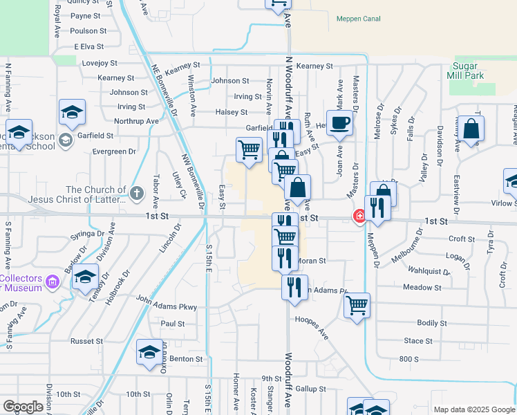 map of restaurants, bars, coffee shops, grocery stores, and more near 1655 1st St in Idaho Falls