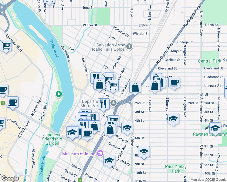 map of restaurants, bars, coffee shops, grocery stores, and more near 1020 Lake Avenue in Idaho Falls