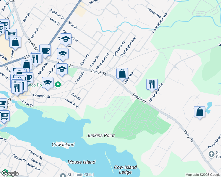 map of restaurants, bars, coffee shops, grocery stores, and more near 7 Promenade Avenue in Saco