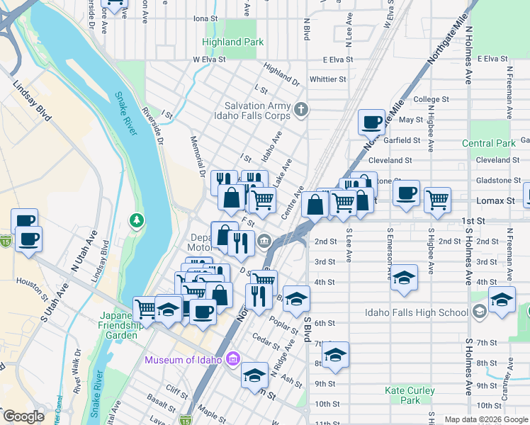 map of restaurants, bars, coffee shops, grocery stores, and more near 995 Shoup Avenue in Idaho Falls