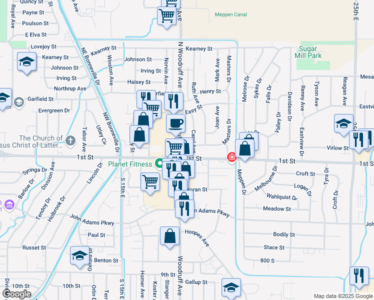 map of restaurants, bars, coffee shops, grocery stores, and more near 100 North Woodruff Avenue in Idaho Falls