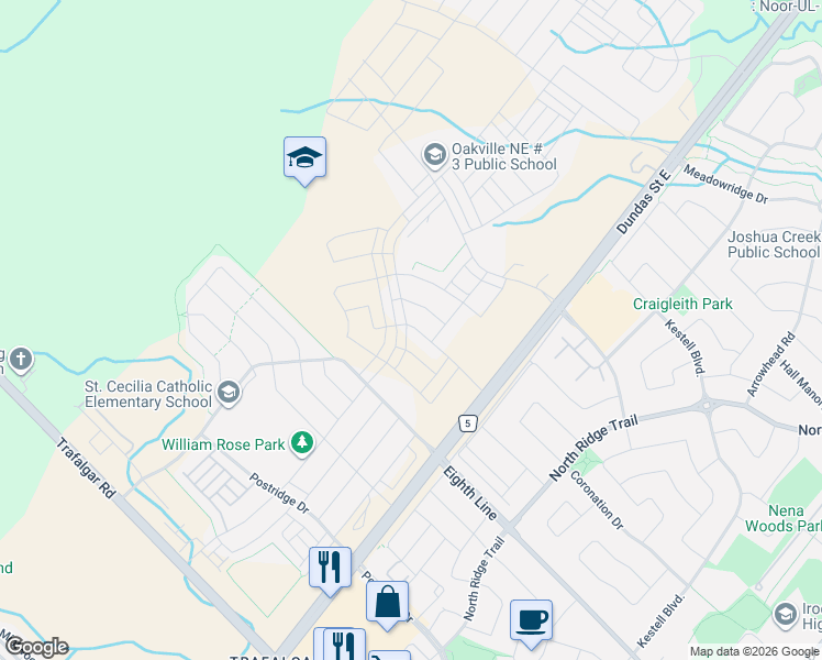 map of restaurants, bars, coffee shops, grocery stores, and more near 3072 Robert Lamb Boulevard in Oakville