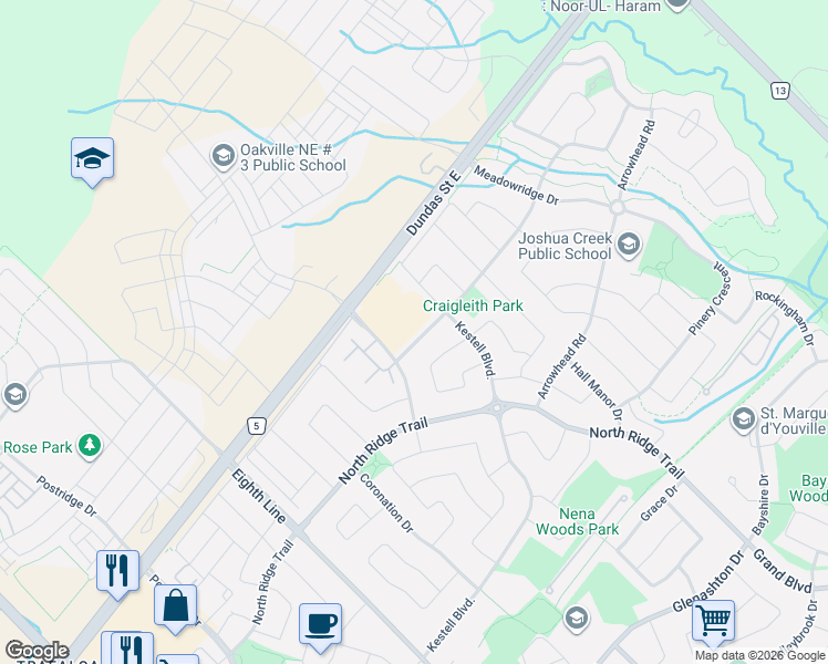 map of restaurants, bars, coffee shops, grocery stores, and more near 1263 Craigleith Road in Oakville
