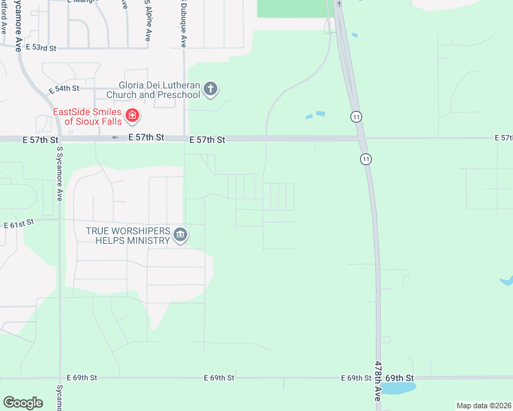map of restaurants, bars, coffee shops, grocery stores, and more near 47765 East 57th Street in Sioux Falls