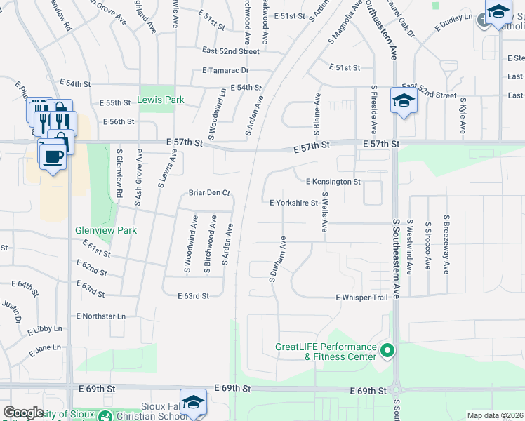 map of restaurants, bars, coffee shops, grocery stores, and more near 2404 East Baxter Circle in Sioux Falls