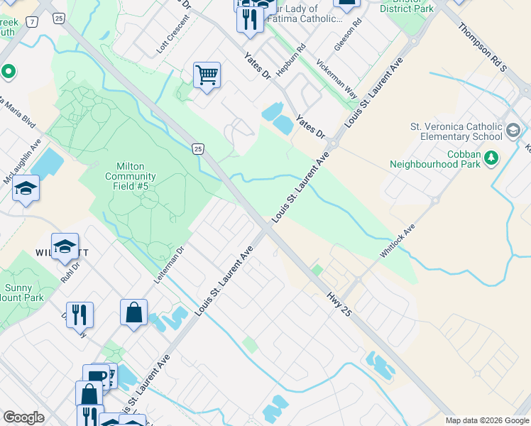 map of restaurants, bars, coffee shops, grocery stores, and more near 6415 Regional Road 25 in Milton