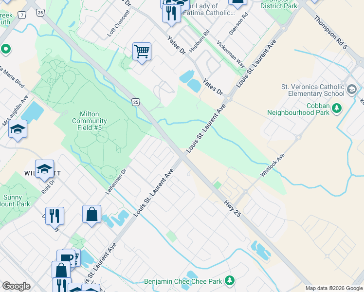 map of restaurants, bars, coffee shops, grocery stores, and more near 6415 Regional Road 25 in Milton