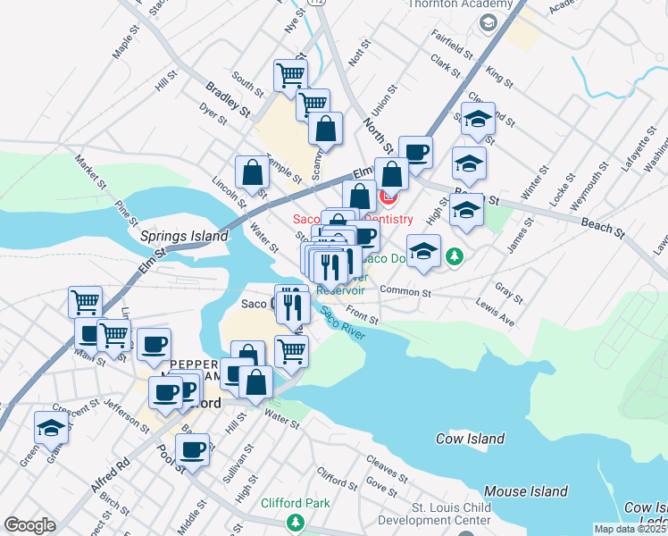 map of restaurants, bars, coffee shops, grocery stores, and more near 206 Main Street in Saco