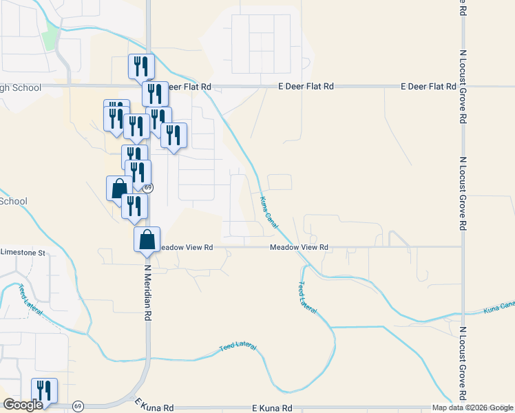 map of restaurants, bars, coffee shops, grocery stores, and more near 2320 Meadow View Road in Kuna