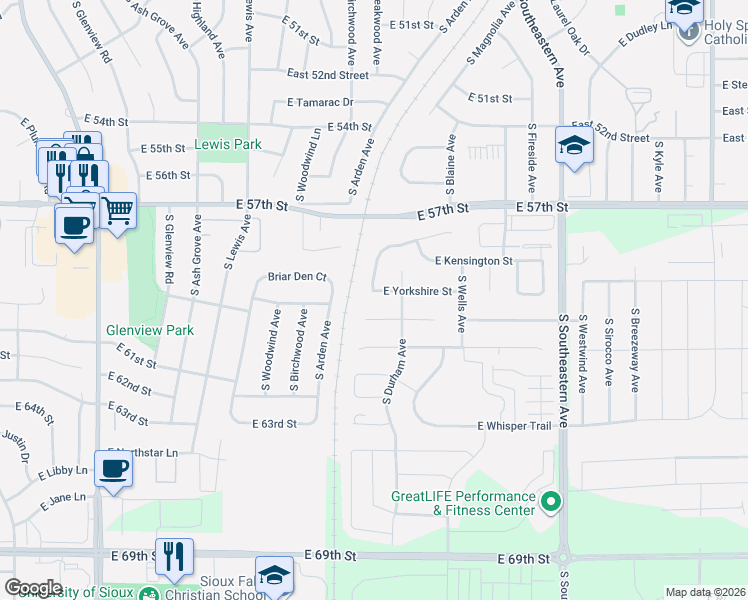 map of restaurants, bars, coffee shops, grocery stores, and more near 2404 East Baxter Circle in Sioux Falls