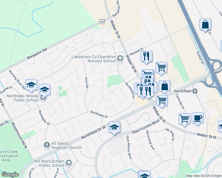 map of restaurants, bars, coffee shops, grocery stores, and more near 133 White Pine Crescent in Waterloo