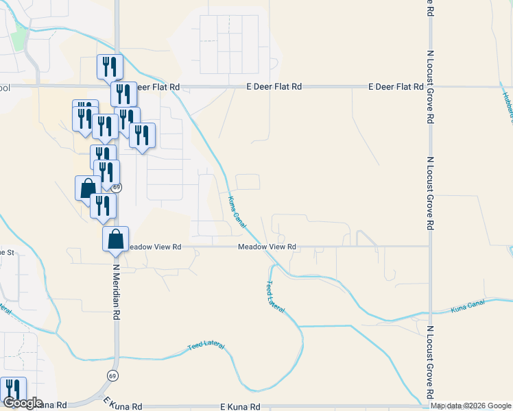 map of restaurants, bars, coffee shops, grocery stores, and more near 2320 Meadow View Road in Kuna