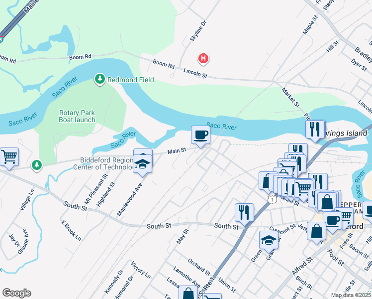map of restaurants, bars, coffee shops, grocery stores, and more near 455 Main Street in Biddeford