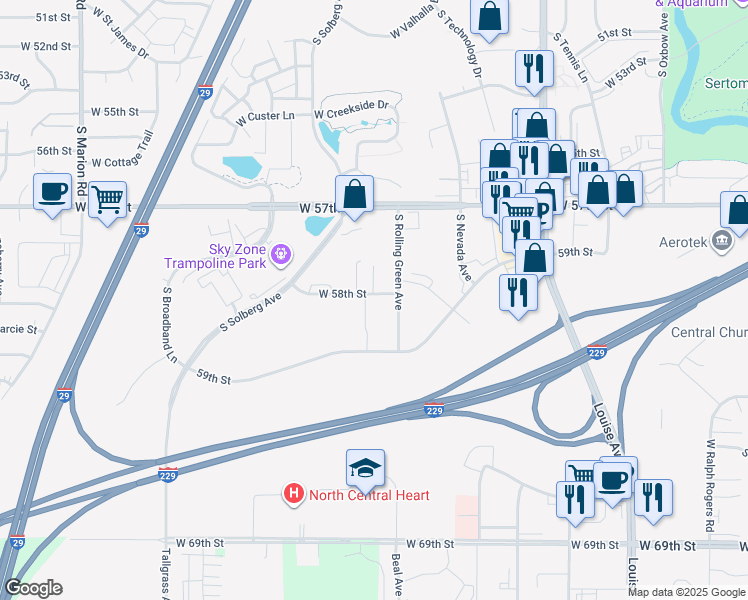 map of restaurants, bars, coffee shops, grocery stores, and more near 4321 West 58th Street in Sioux Falls