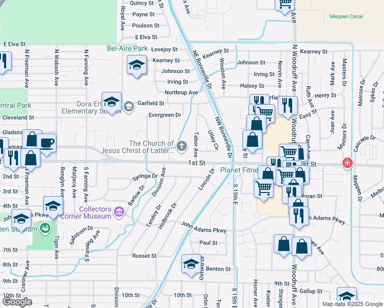 map of restaurants, bars, coffee shops, grocery stores, and more near 145 Tabor Avenue in Idaho Falls