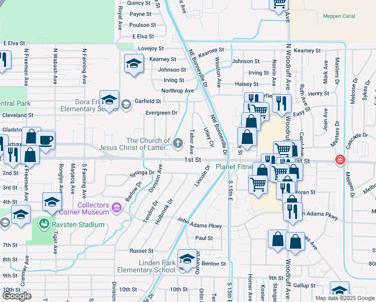 map of restaurants, bars, coffee shops, grocery stores, and more near 145 Tabor Avenue in Idaho Falls