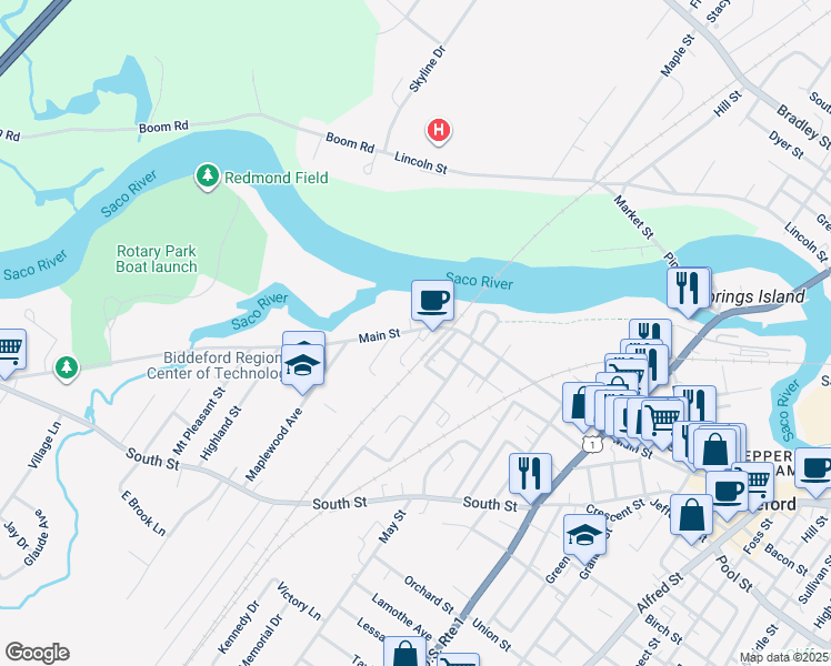 map of restaurants, bars, coffee shops, grocery stores, and more near 455 Main Street in Biddeford