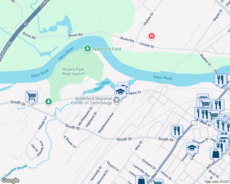 map of restaurants, bars, coffee shops, grocery stores, and more near 514 Main Street in Biddeford