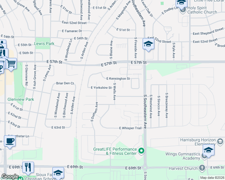map of restaurants, bars, coffee shops, grocery stores, and more near 2500 E Carlyle Circle in Sioux Falls
