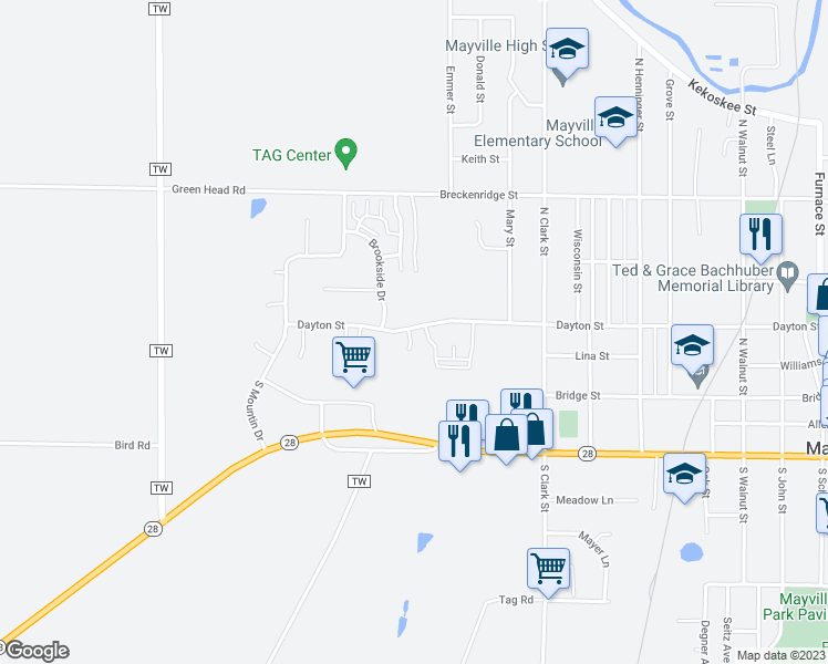 map of restaurants, bars, coffee shops, grocery stores, and more near 1387 Dayton Street in Mayville