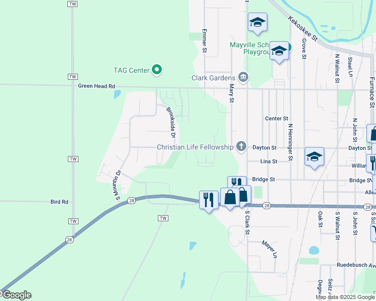 map of restaurants, bars, coffee shops, grocery stores, and more near 1385 Dayton Street in Mayville