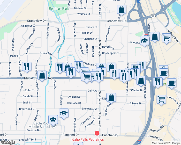 map of restaurants, bars, coffee shops, grocery stores, and more near 1620 West Broadway Street in Idaho Falls