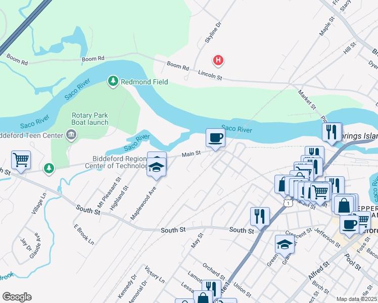 map of restaurants, bars, coffee shops, grocery stores, and more near 474 Main Street in Biddeford