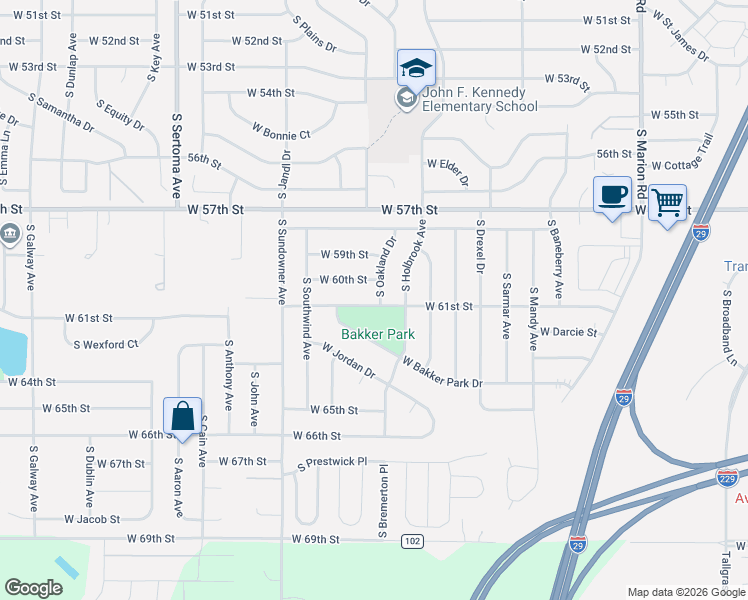 map of restaurants, bars, coffee shops, grocery stores, and more near 6201-6307 W 61st St in Sioux Falls