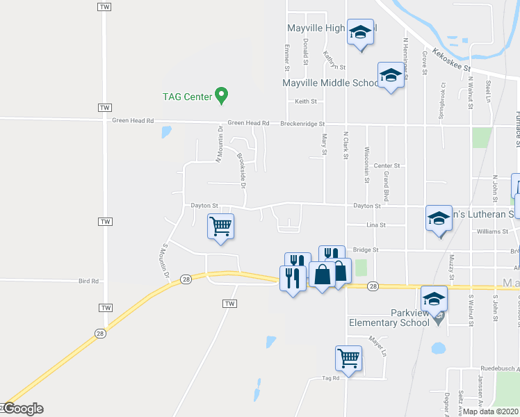 map of restaurants, bars, coffee shops, grocery stores, and more near 1387 Dayton Street in Mayville