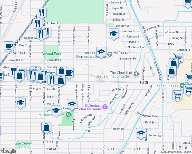 map of restaurants, bars, coffee shops, grocery stores, and more near 835-853 1st Street in Idaho Falls