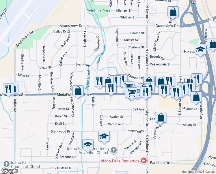 map of restaurants, bars, coffee shops, grocery stores, and more near 1950 West Broadway Street in Idaho Falls