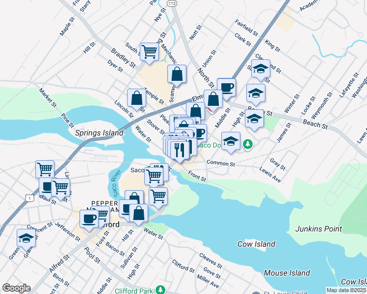 map of restaurants, bars, coffee shops, grocery stores, and more near 209 Main Street in Saco