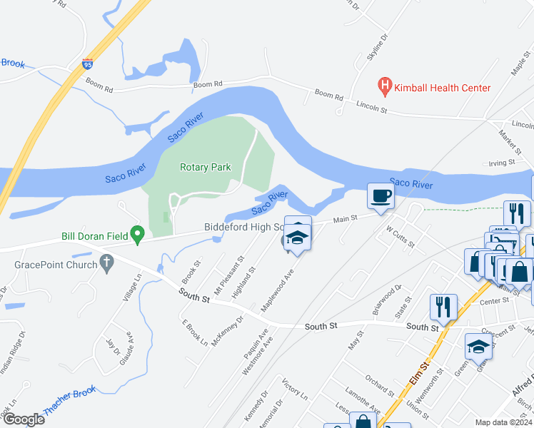 map of restaurants, bars, coffee shops, grocery stores, and more near 1 Mount Pleasant Street in Biddeford