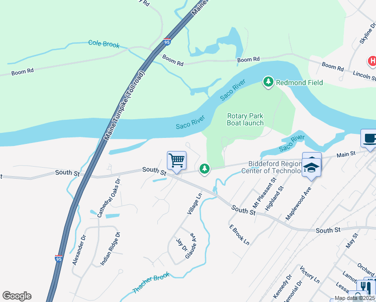 map of restaurants, bars, coffee shops, grocery stores, and more near 1 Parkview Court in Biddeford