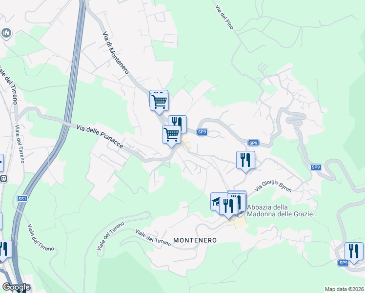 map of restaurants, bars, coffee shops, grocery stores, and more near 19 Via di Montenero in Livorno