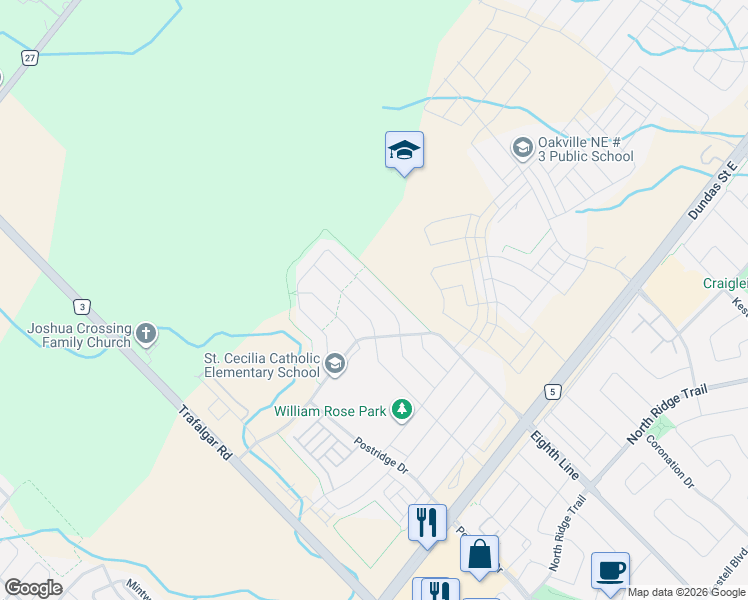 map of restaurants, bars, coffee shops, grocery stores, and more near 3184 Meadow Marsh Crescent in Oakville