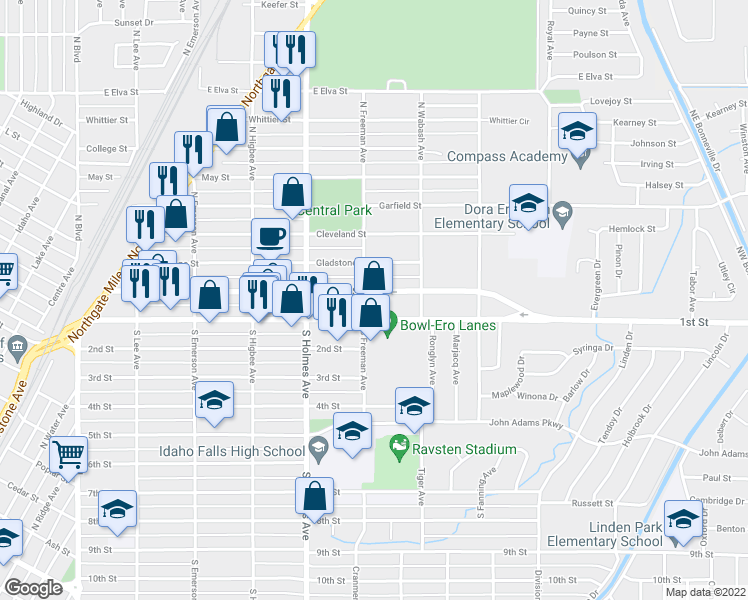 map of restaurants, bars, coffee shops, grocery stores, and more near 608 Lomax Street in Idaho Falls