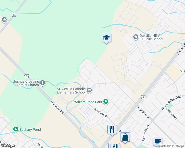 map of restaurants, bars, coffee shops, grocery stores, and more near 3199 William Rose Way in Oakville