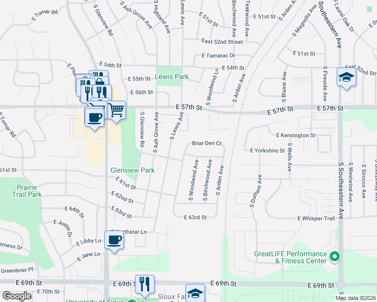 map of restaurants, bars, coffee shops, grocery stores, and more near 5001 South Woodwind Avenue in Sioux Falls