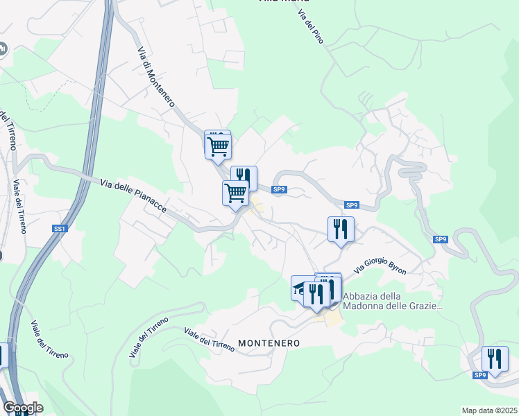 map of restaurants, bars, coffee shops, grocery stores, and more near 19 Via di Montenero in Livorno