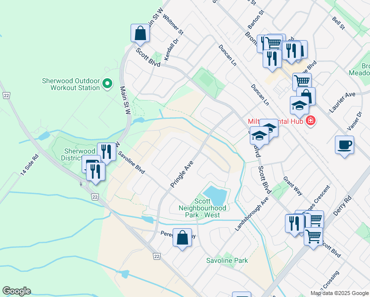map of restaurants, bars, coffee shops, grocery stores, and more near 311 Leitch Landing in Milton