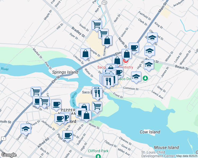 map of restaurants, bars, coffee shops, grocery stores, and more near 15 Pepperell Square in Saco