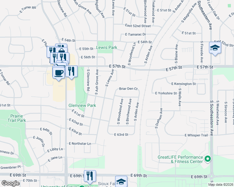 map of restaurants, bars, coffee shops, grocery stores, and more near 5001 South Woodwind Avenue in Sioux Falls