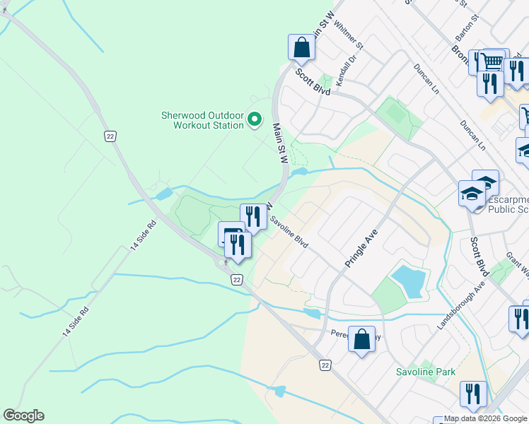 map of restaurants, bars, coffee shops, grocery stores, and more near Main St W & Savoline Blvd in Milton