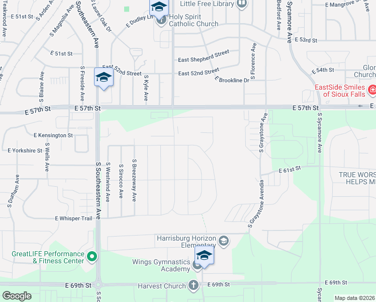 map of restaurants, bars, coffee shops, grocery stores, and more near South Eastwind Avenue in Sioux Falls