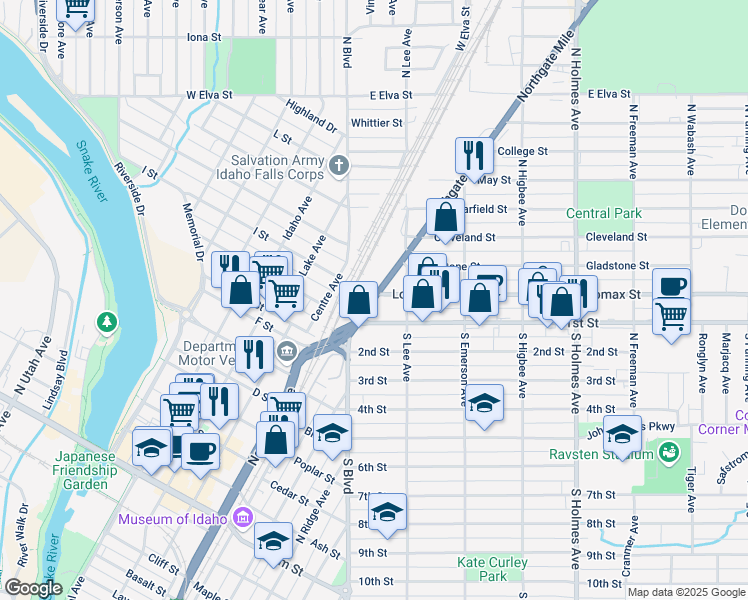 map of restaurants, bars, coffee shops, grocery stores, and more near 108 Northgate Mile in Idaho Falls