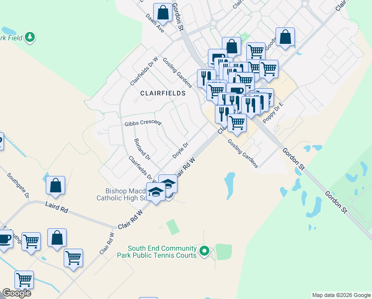 map of restaurants, bars, coffee shops, grocery stores, and more near 71 Doyle Drive in Guelph