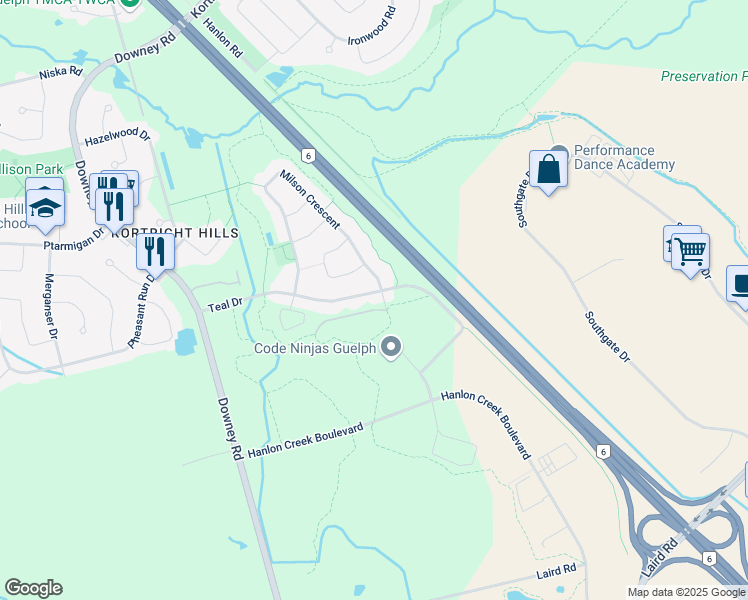 map of restaurants, bars, coffee shops, grocery stores, and more near 107 Teal Dr in Guelph