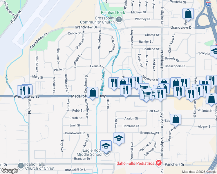 map of restaurants, bars, coffee shops, grocery stores, and more near 1980 West Broadway Street in Idaho Falls